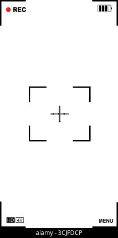 Vertical camera recording viewfinder overlay with a clean white background, showing a crosshair, focus brackets, battery indicator, and recording info Stock Vector