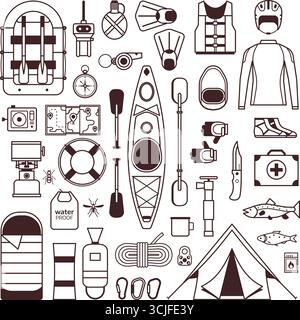 Rafting and Kayaking Line Art Icons Set Stock Vector