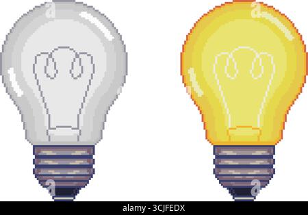 Pixel art 16-bit light bulbs set switch on, switch off icons. Vector design elements for logo, sticker and children mobile application. Game assets. Stock Vector