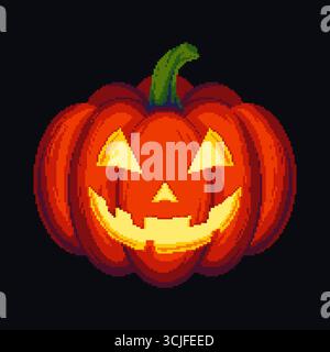 Pixel art Halloween pumpkin with carved glowing face on dark background, vector illustration. Stock Vector