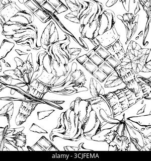 Wafer cone of soft serve ice cream with chocolate bar, mint sprig, orchid flower pods. graphic seamless pattern illustration hand drawn in vector ink Stock Vector