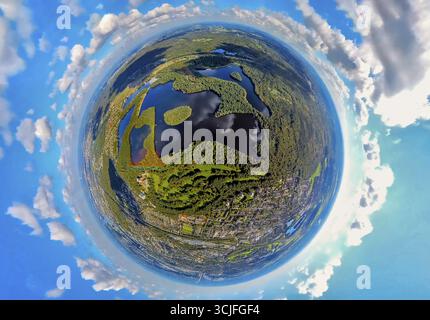Aerial view, Sechs-Seen-Platte Wedau, forest and recreation area, globe, fisheye image, 360 degree image, tiny world, little planet, fisheye image, We Stock Photo