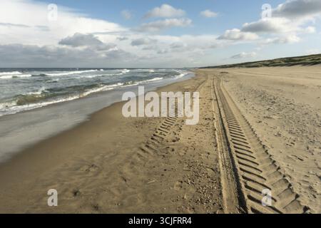 Deep tire tracks are imprinted on a sandy beach next to ocean waves on a partly cloudy day Stock Photo