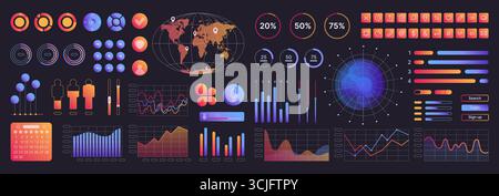 Neon interface elements kit for UI UX web design color icon set. Website round and square buttons mockup with symbols, sliders with numbers, world map and charts on dashboard panel vector illustration Stock Vector