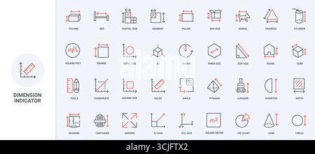 Dimension arrows for geometric shapes, area and floorplan measurement line icon set. Luggage and pet carrier, package box and room size, ruler thin black and red outline symbols vector illustration Stock Vector