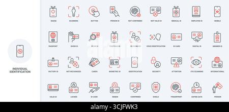 ID and member card, passport with information and photo, biometric identification line icon set. Eye and fingerprint to identify person, scanning thin black and red outline symbols vector illustration Stock Vector