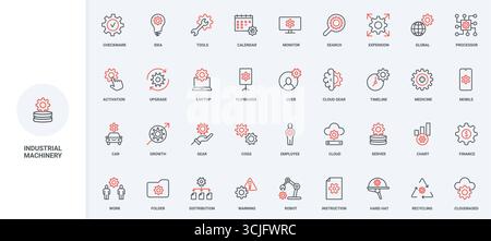 Line icon set of gears and cogwheels in industrial machines, engines, and mechanisms. Symbols for system development, software innovation, processors, warning signs vector illustration. Stock Vector