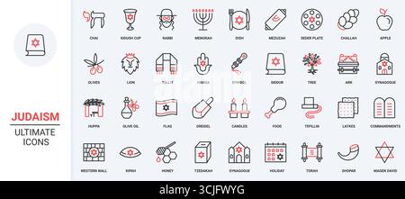 Judaism religion, Jewish holidays and culture, synagogue line icon set. Latke fritter and challah, Kiddush blessing, tallit of religious Jews thin black and red outline symbols vector illustration Stock Vector