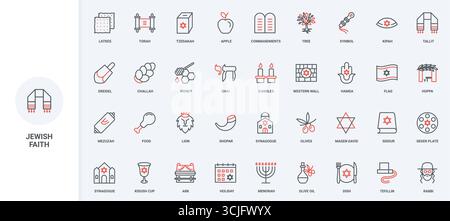 Judaism, symbols of faith, Jewish culture and religion, food of holidays line icon set. Synagogue and Torah ark, menorah and shofar, challah, chuppah thin black and red outline vector illustration Stock Vector