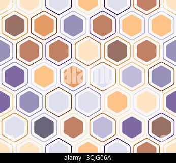 Pattern of hexagon shapes. Rounded hexagons mosaic pattern with inner solid cells. Large hexagon shapes. Multiple tones color palette. Stock Vector