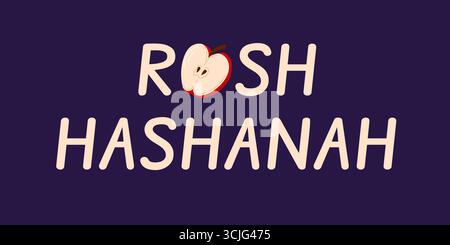 Rosh Hashanah holiday greeting with halved apple in festive text on dark background in flat style. Stock Vector
