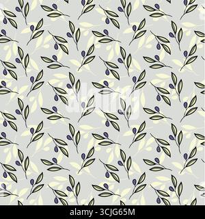 Olive branch hand drawn leaves seamless pattern for textile design. Simple line art colorful background. Stock Vector