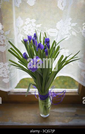 Vase with lilac flowers on table in kitchen Stock Photo - Alamy