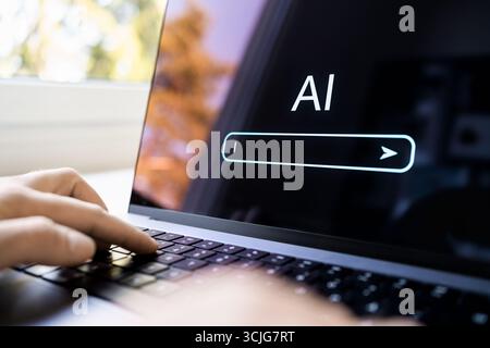 AI generate content with prompt in laptop. Text or image generator at work using computer. Search with artificial intelligence. Stock Photo