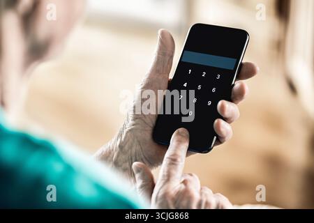 Old senior phone fraud or scam. Woman with smartphone. Data information and security. Scammer phishing. Love romance hoax. Elder mature with cellphone. Stock Photo