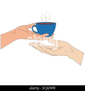 Illustration of one hand offering a steaming blue cup of coffee to another hand, symbolizing warmth, care, and human connection. Stock Vector