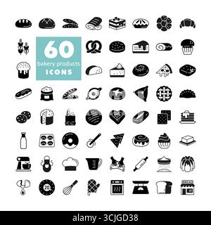 A comprehensive collection of 60 black glyph icons representing various bakery products and kitchen tools. This set is ideal for bakeries, food blogs, Stock Vector