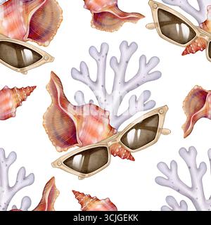 Seamless pattern featuring realistic seashells, coral branches, and sunglasses. Hand-painted watercolor illustration on white background. Perfect for Stock Photo