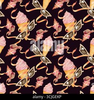 Seamless pattern featuring ice cream cones, seashells and sunglasses with ribbons. Hand-painted watercolor illustration on dark background. Ideal for Stock Photo