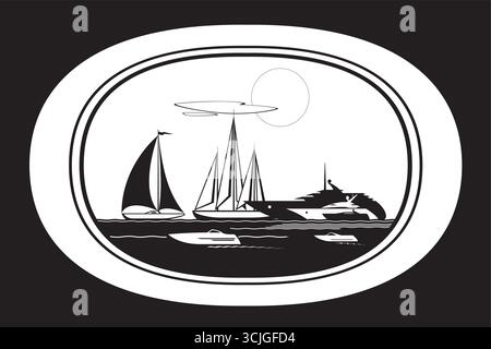 View from the cabin of a ship to boats and yachts at sea– vector illustration Stock Vector