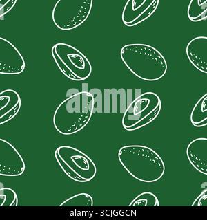 Avocado seamless graphic pattern in minimalistic style. Hand drawn white line art of whole Fruit and Cut Slices isolated on a green background. For Stock Vector