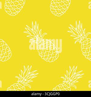 Pineapple seamless vector pattern. Exotic fruit drawing white line art isolated on a yellow background in Doodle style. For packaging paper, textile Stock Vector