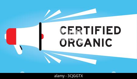 Color megaphone icon with word certified organic in white banner on blue background Stock Vector