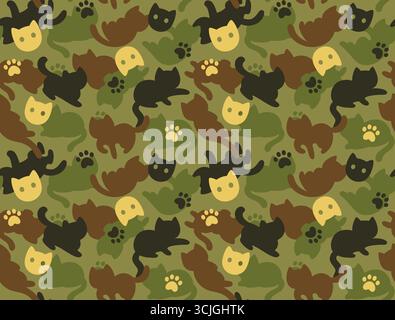 Cute cartoon cat silhouette camouflage pattern. Cats in different poses, paw prints and faces, forest green camo colors. Tileable vector illustration. Stock Vector