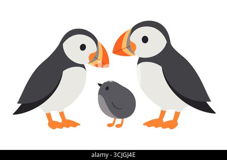 Cute cartoon puffins with baby chick (puffling). Two parents bird family. Funny animals vector illustration. Stock Vector