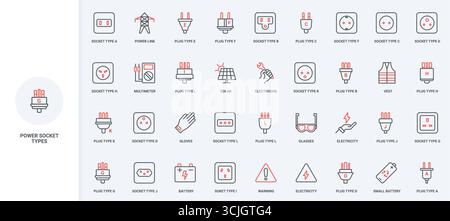Electricians equipment, different power socket type for wall and plug cable line icon set. American and European, electric socket of Australia thin black and red outline symbols vector illustration Stock Vector