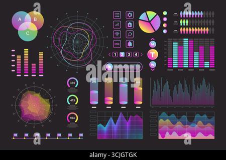Neon interface kit for UI UX web design, dashboard panel elements color icon set. Home menu and application navigation buttons, timeline flags, music and sound wave equalizer vector illustration Stock Vector