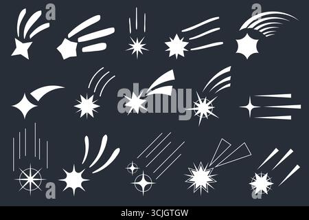 Shiny fast meteorites fall with trail simple shape, asteroid in space black flat symbols vector illustration. Shooting stars with tail, flying meteor silhouettes and comet falling in sky icon set Stock Vector