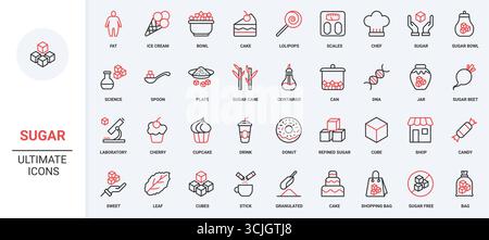 Sugar cubes and powder, sweeteners in stick or sachet, spoon and bag line icon set. Brown cane and beet sugar, products of confectionery thin black and red outline symbols vector illustration Stock Vector