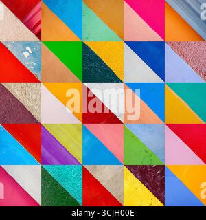 Mosaic collage of triangle shaped photos creating diagonal lines. Vibrant and colourful graphic. Each image is of a painted wall in Central America Stock Photo
