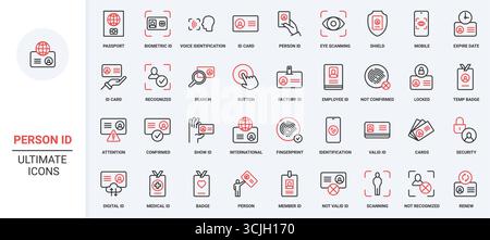 Person ID confirmation, verification, biometric scanning for identification line icon set. International passport and credit card, badge thin black and red outline symbols vector illustration Stock Vector