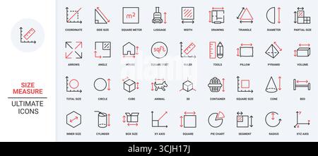 Measure size of geometric shapes, box and animal carrier, pillow and bed line icon set. Pyramid and cone, cylinder and circle, area and volume thin black and red outline symbols vector illustration Stock Vector