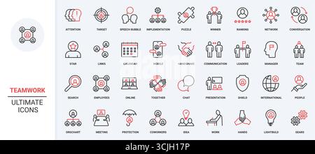 Teamwork of corporate company and international team, online training, communication line icon set. Mobile app chat and webinar, meeting thin black and red outline symbols vector illustration Stock Vector