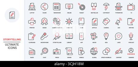 Storytelling, story and tools of author, content protection by copyright line icon set. Write article, publish and share content on social media thin black and red outline symbols vector illustration Stock Vector