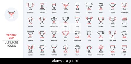 Trophy cups, contest and competition award of winner, premium quality line icon set. Goblet of business leadership and presentation, first rank thin black and red outline symbols vector illustration Stock Vector
