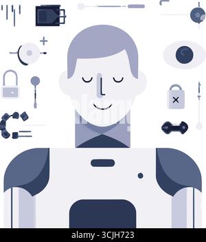 Abstract illustration of a human or robot with technology and security icons Stock Vector