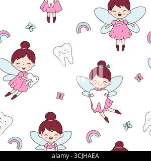 Cute Tooth Fairy Seamless Pattern With Wings, Teeth, Butterfly And Rainbow Vector Kids Dentist Background Stock Vector
