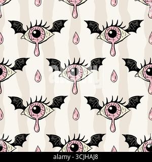 Retro Halloween Monster Flying Eye Seamless Pattern Vector Background Vintage With Crying Eyeball And Bat Wing Stock Vector