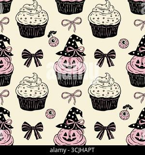 Retro Halloween Cupcake Seamless Pattern With Witch Hat And Bows In Vintage Vector Style Stock Vector