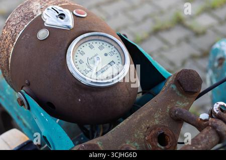 Wroclaw, Poland - August 28 2025: Rusted Soviet motorcycle speedometer close-up Stock Photo