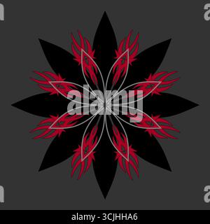 Hellish tongues of flame. Dark vector illustration in gothic style. Geometric ornament of star and tongues of fire. Symmetrical black and red elements Stock Vector