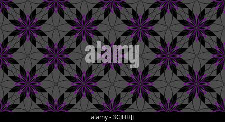 Dark seamless pattern in gothic style. Geometric ornament of stars and tongues of fire. Symmetrical black and purple elements on gray background Stock Vector