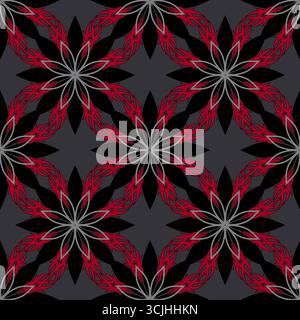 Hellish tongues of flame. Dark seamless pattern in gothic style. Geometric square ornament of stars and tongues of fire. Symmetrical black and red ele Stock Vector