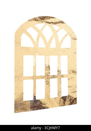 Vintage arched window frame with golden detailing. Historic, antique design featuring a curved structure and geometric elements. Handmade, retro carpe Stock Photo