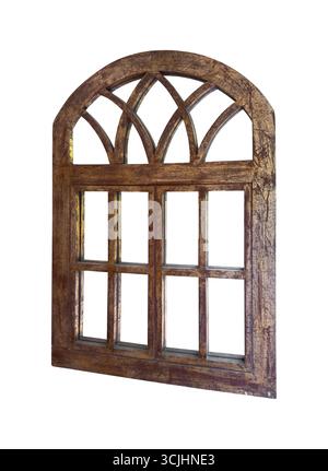 Rustic arched wooden window frame with geometric upper panel design and six rectangular openings, isolated on white background Stock Photo