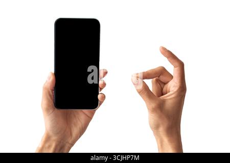 Pov of female holding smartphone with blank screen, showing ok Stock Photo
